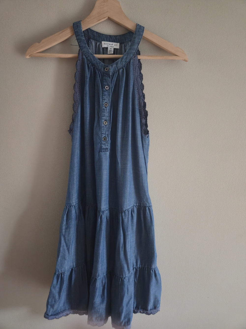 Current Air Blue Chambray Tiered Denim Halter Dress Pockets Flowy